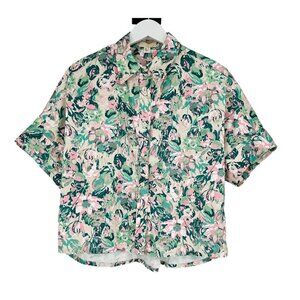 The Korner Button Up High Low Shirt Size XS Floral Satin Cropped‎ Boxy S/S NWT